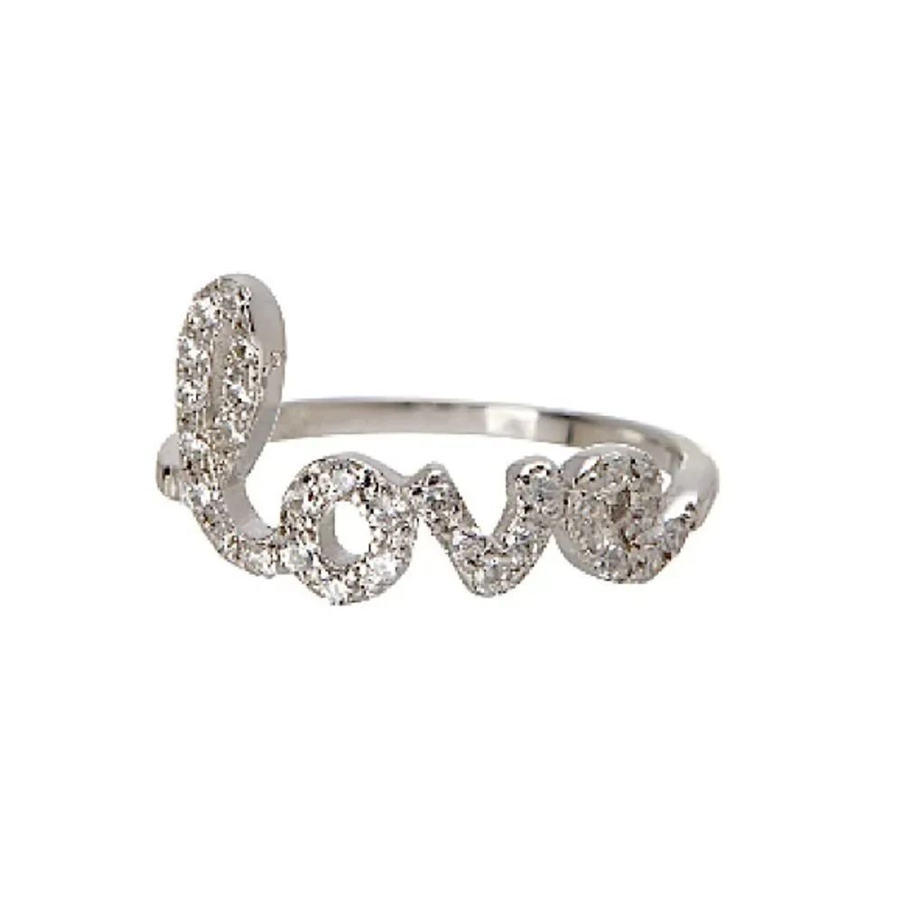 NEW Adornia White Rhodium Plated Pave Swarovski Crystal Cursive Love Ring Size 5